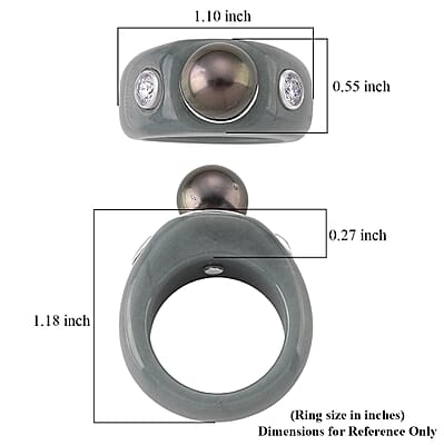 D'Joy Tahitian Pearl, Moissanite and Natural Olmec Jadeite 48.80 ctw Ring in Rhodium Over Sterling Silver (Size 5.0)