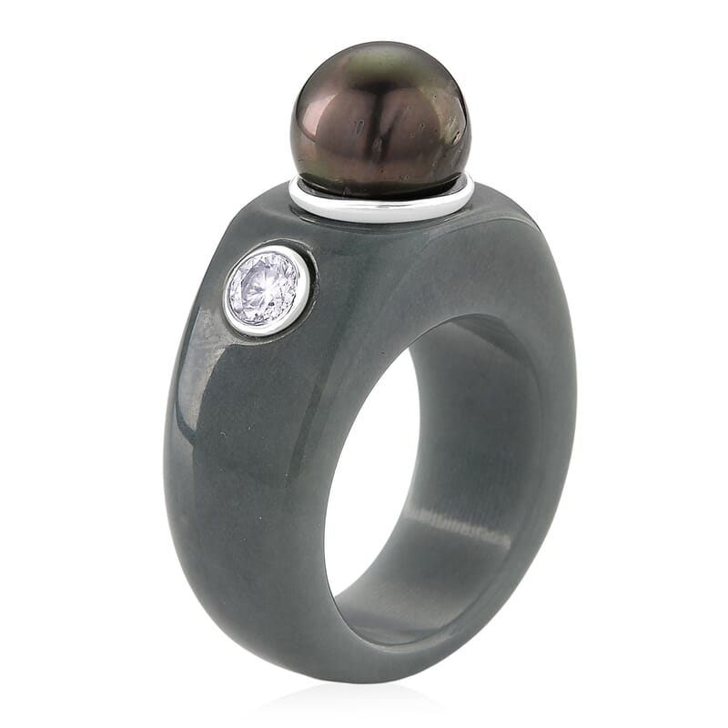 D'Joy Tahitian Pearl, Moissanite and Natural Olmec Jadeite 48.80 ctw Ring in Rhodium Over Sterling Silver (Size 7.0)