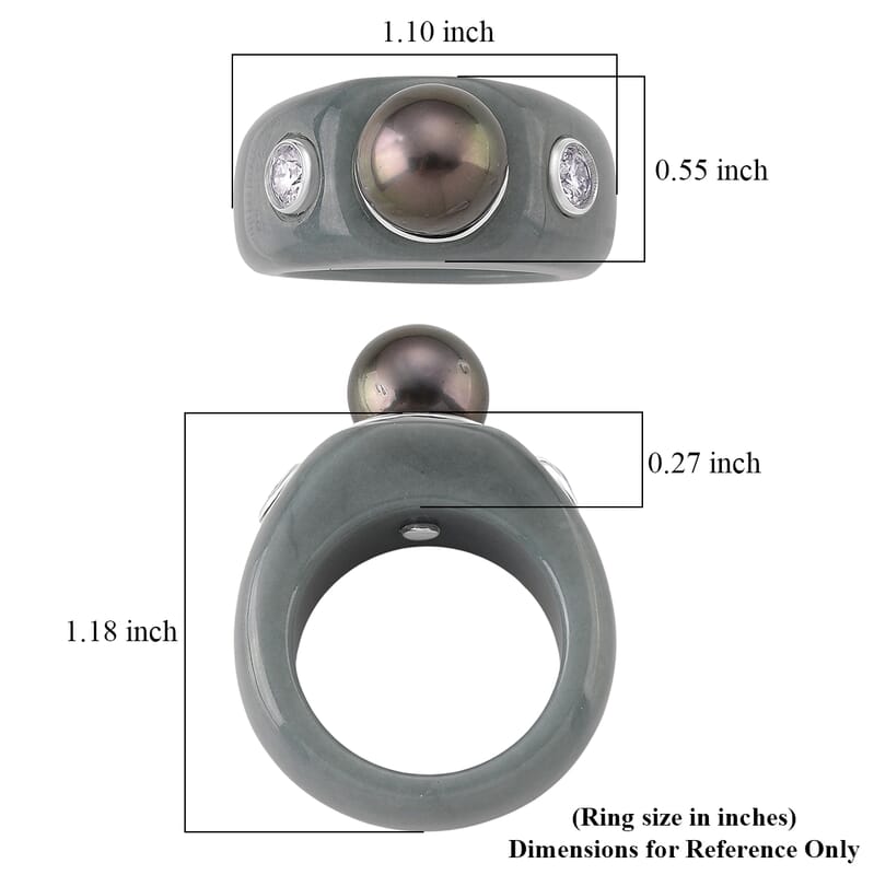 D'Joy Tahitian Pearl, Moissanite and Natural Olmec Jadeite 48.80 ctw Ring in Rhodium Over Sterling Silver (Size 7.0)
