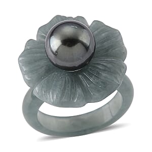 D'Joy Tahitian Pearl and Natural Olmec Jadeite 35.10 ctw Blooming Flower Ring in Rhodium Over Sterling Silver (Size 6.0)