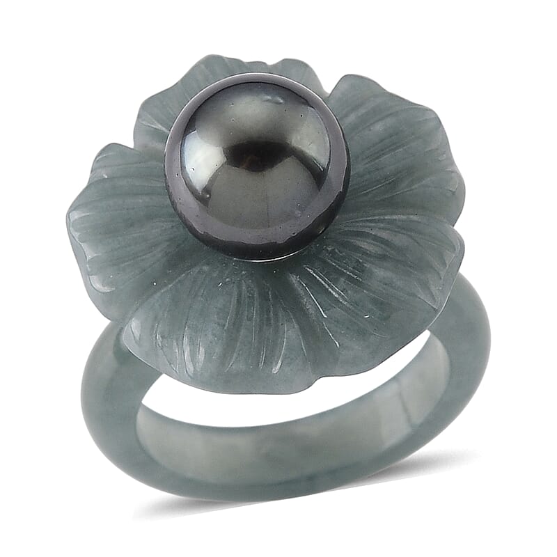 D'Joy Tahitian Pearl and Natural Olmec Jadeite 35.10 ctw Blooming Flower Ring in Rhodium Over Sterling Silver (Size 6.0)