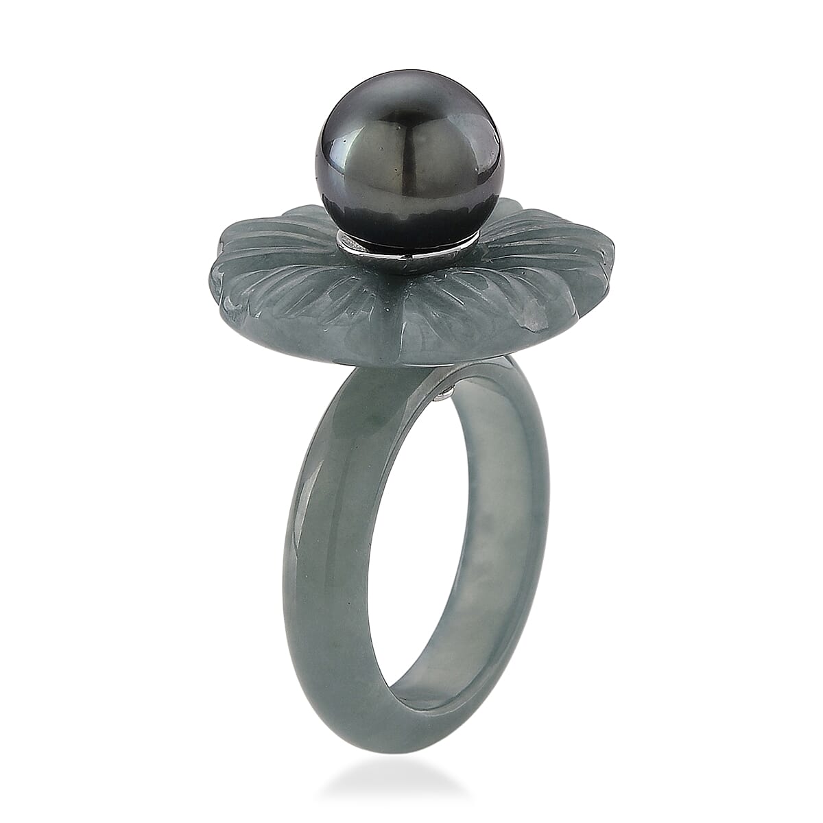 D'Joy Tahitian Pearl and Natural Olmec Jadeite 35.10 ctw Blooming Flower Ring in Rhodium Over Sterling Silver (Size 6.0) image number 3