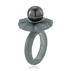 D'Joy Tahitian Pearl and Natural Olmec Jadeite 35.10 ctw Blooming Flower Ring in Rhodium Over Sterling Silver (Size 6.0)