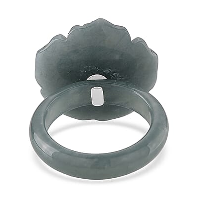D'Joy Tahitian Pearl and Natural Olmec Jadeite 35.10 ctw Blooming Flower Ring in Rhodium Over Sterling Silver (Size 6.0)