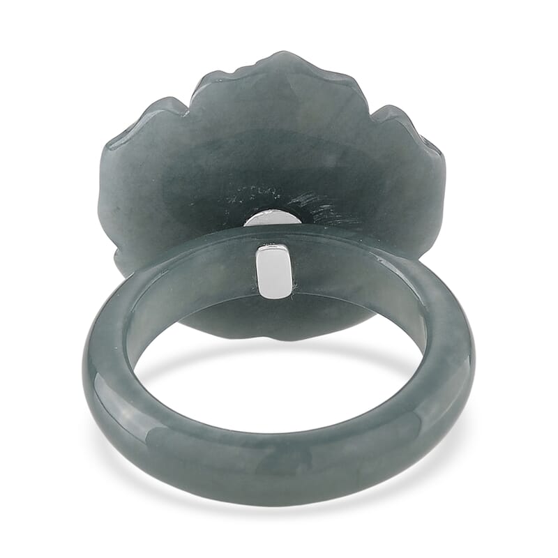 D'Joy Tahitian Pearl and Natural Olmec Jadeite 35.10 ctw Blooming Flower Ring in Rhodium Over Sterling Silver (Size 6.0)
