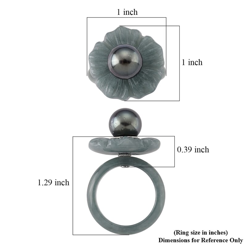 D'Joy Tahitian Pearl and Natural Olmec Jadeite 35.10 ctw Blooming Flower Ring in Rhodium Over Sterling Silver (Size 6.0)