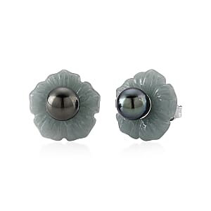 D'Joy Tahitian Pearl and Natural Olmec Jadeite 27.15 ctw Blooming Flower Earrings in Rhodium Over Sterling Silver