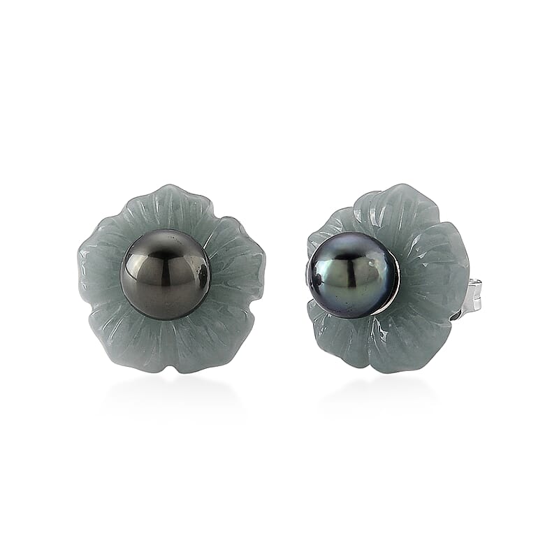 D'Joy Tahitian Pearl and Natural Olmec Jadeite 27.15 ctw Blooming Flower Earrings in Rhodium Over Sterling Silver
