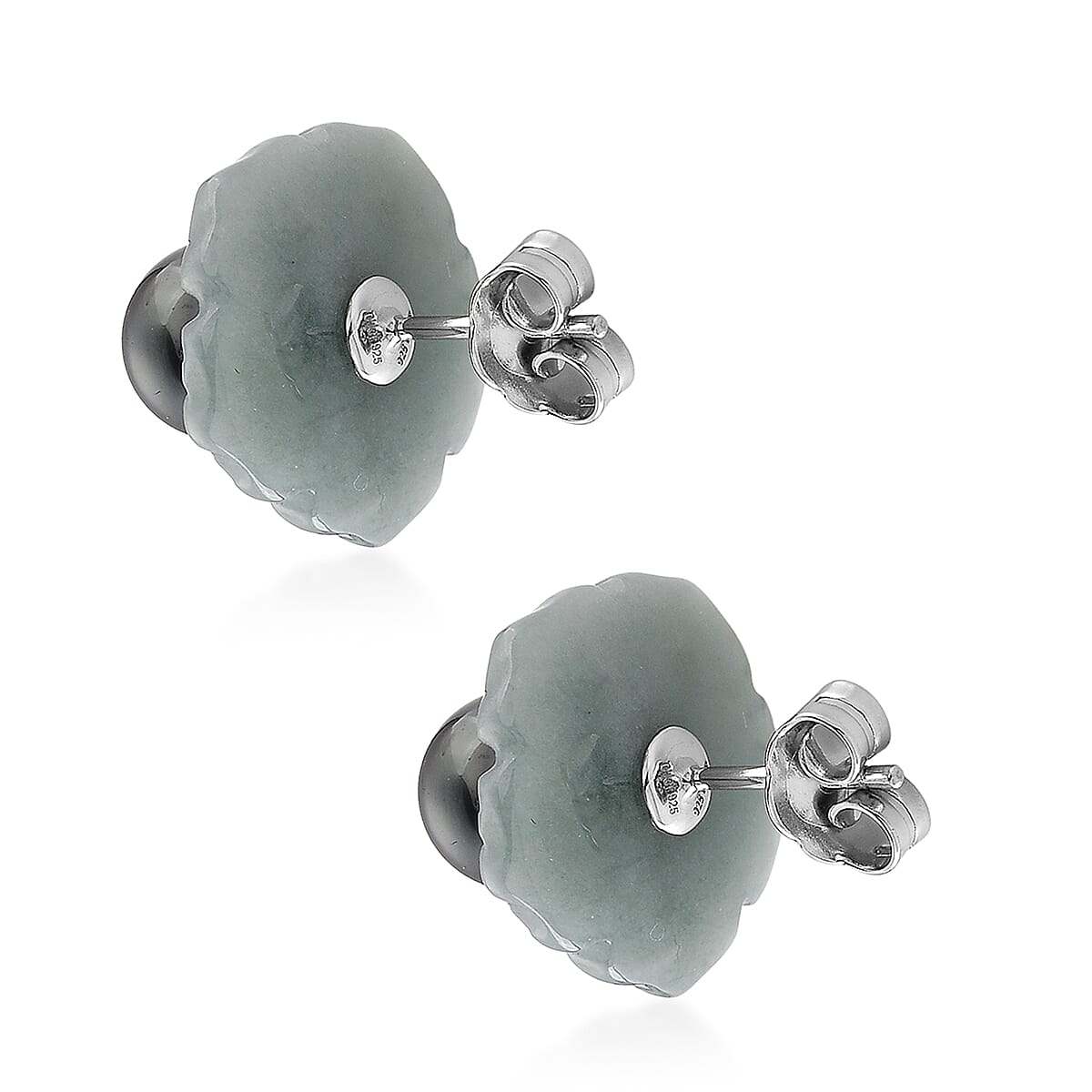 D'Joy Tahitian Pearl and Natural Olmec Jadeite 27.15 ctw Blooming Flower Earrings in Rhodium Over Sterling Silver image number 3