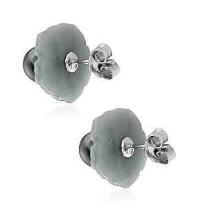 D'Joy Tahitian Pearl and Natural Olmec Jadeite 27.15 ctw Blooming Flower Earrings in Rhodium Over Sterling Silver