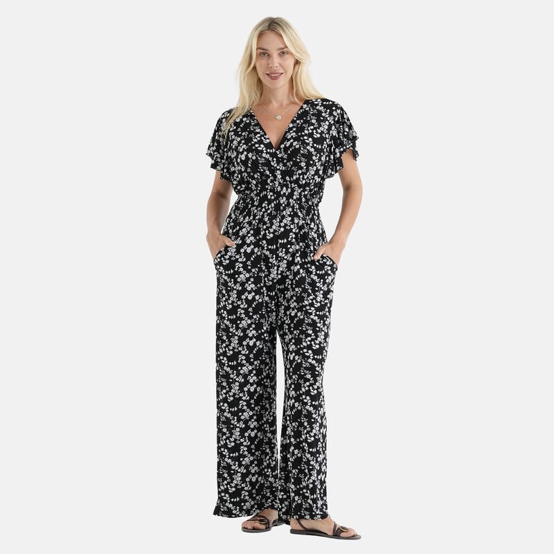La Marey Black & White Smocked Waist Jumpsuit with Flutter Sleeve - One Size Fits Most