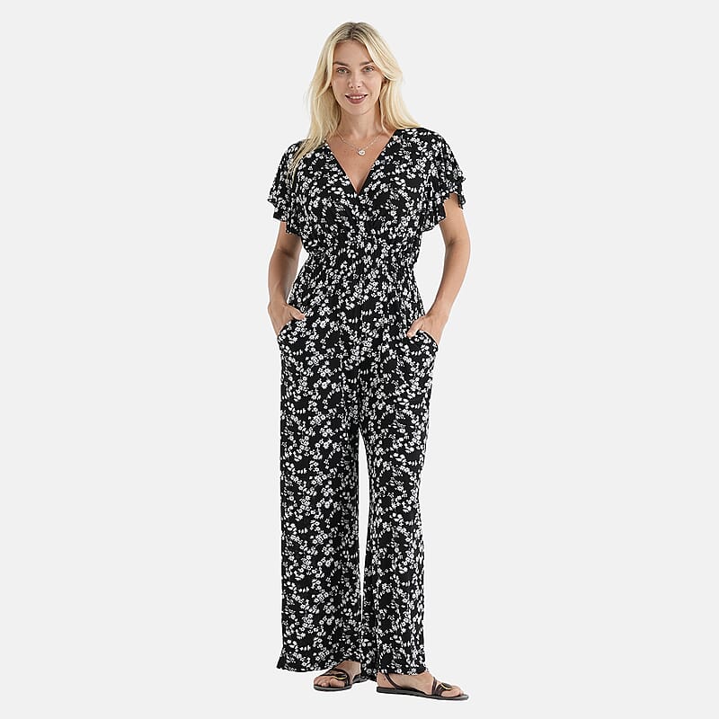 La Marey Black & White Smocked Waist Jumpsuit with Flutter Sleeve - One Size Fits Most