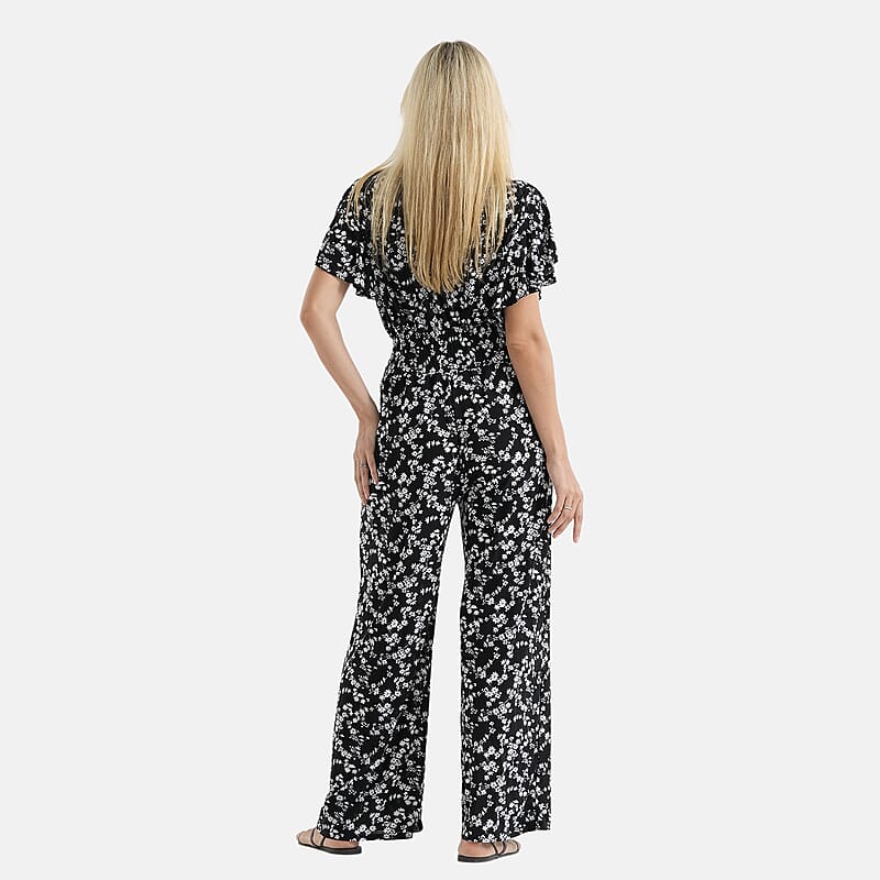 La Marey Black & White Smocked Waist Jumpsuit with Flutter Sleeve - One Size Fits Most