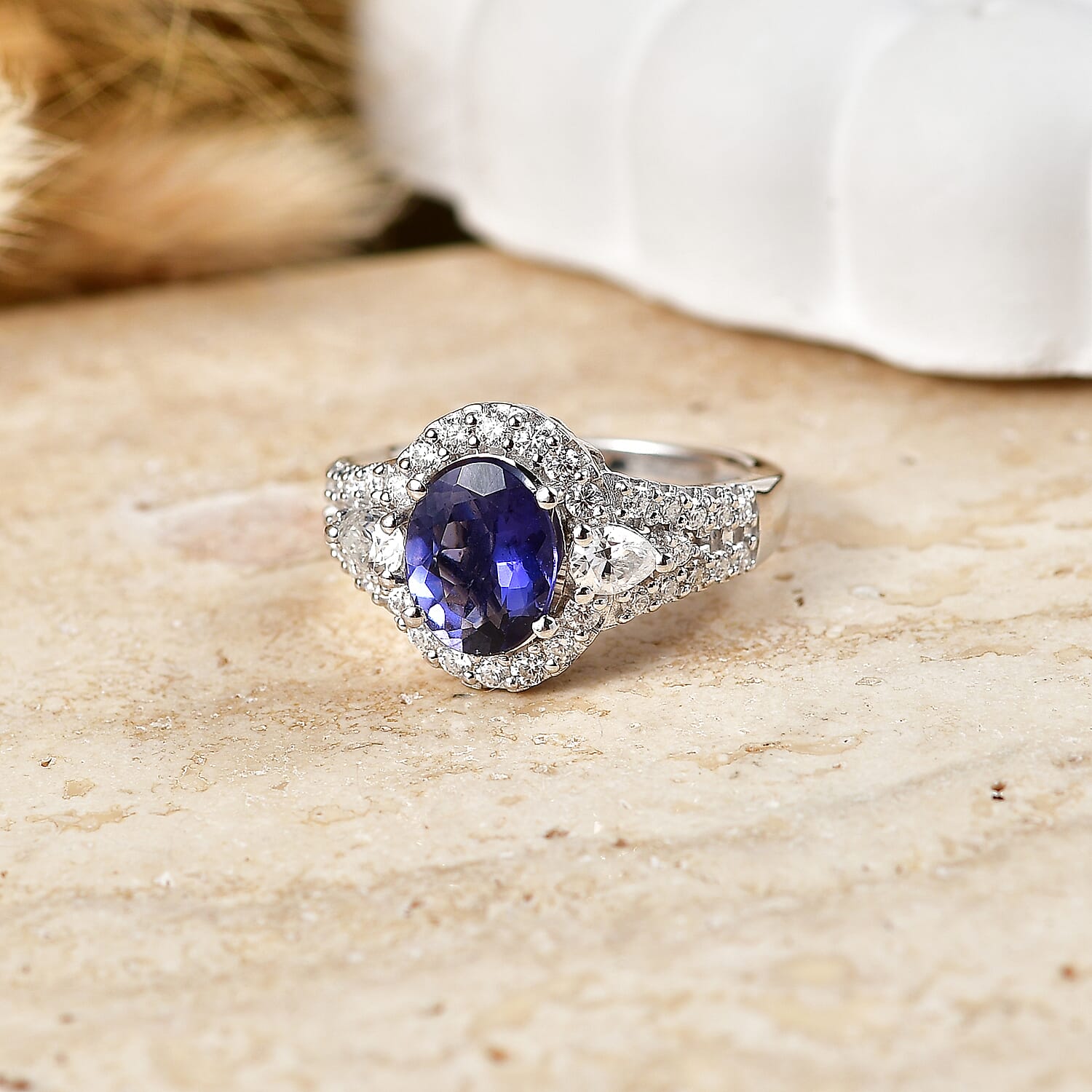 Certified & Appraised  D'Joy Premium Catalina Iolite and Moissanite 2.35 ctw Ring in Rhodium Over Sterling Silver (Size  6.0)