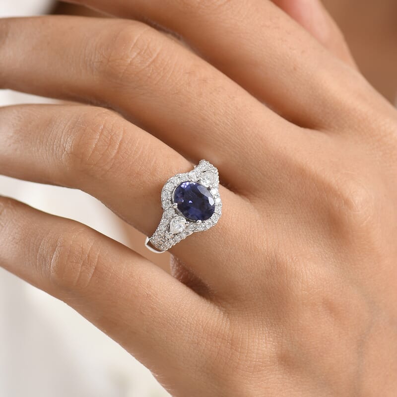 D'Joy Premium Catalina Iolite and Moissanite 2.35 ctw Ring in Rhodium Over Sterling Silver (Size 6.0)