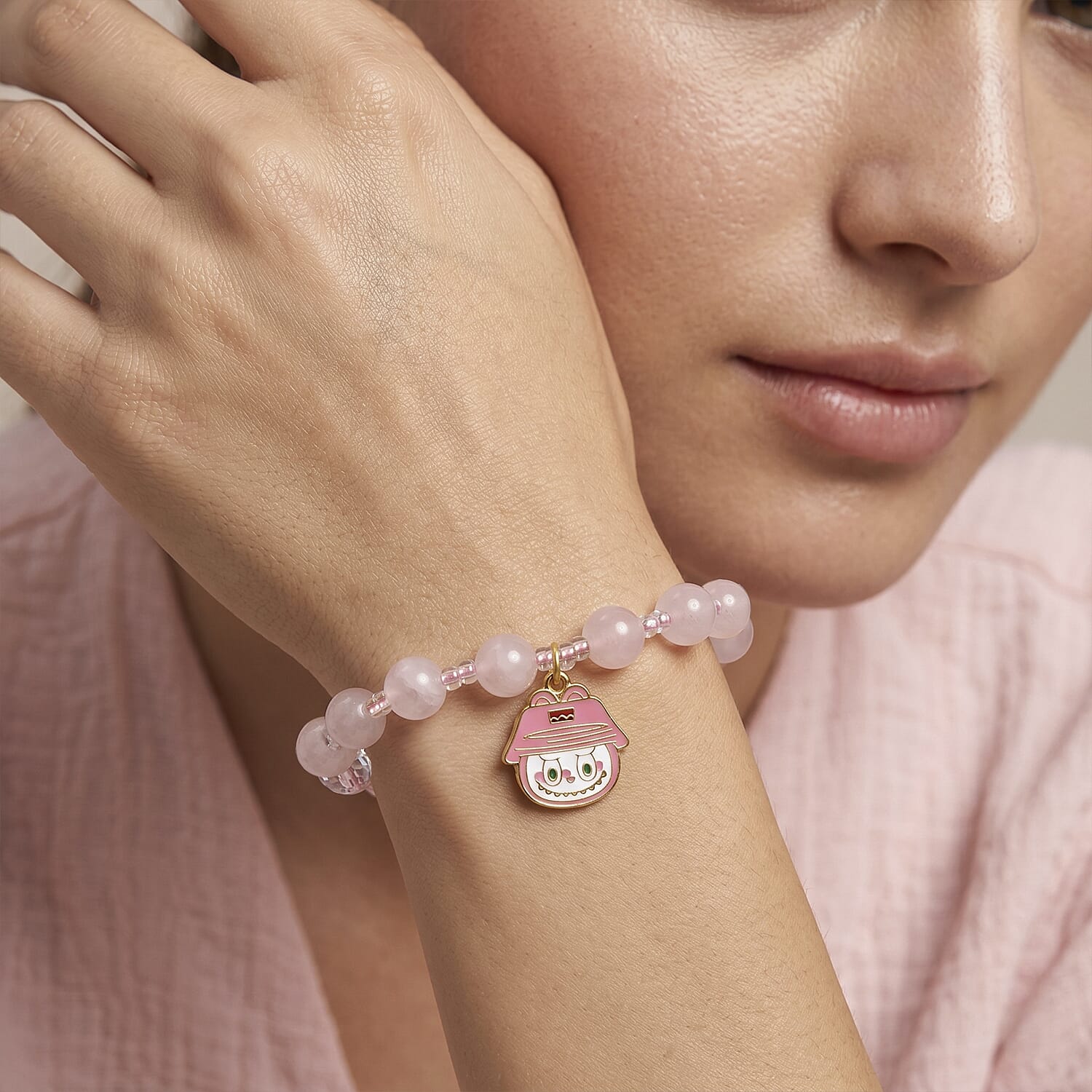 Rose Quartz and White Crystal Quartz 60.00 ctw Bracelet in Goldtone (6-6.5In)