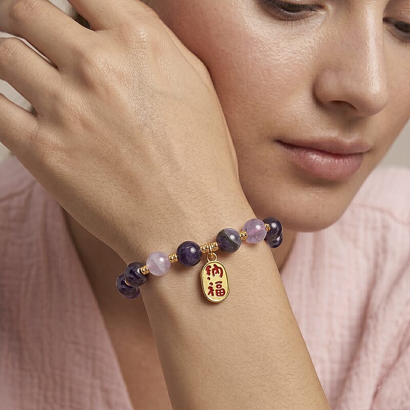 African Amethyst and White Crystal Quartz 100.00 ctw Bracelet in Goldtone (6.5-7In)