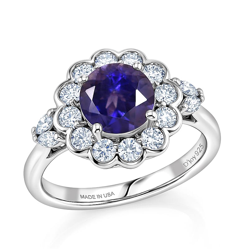D'Joy Premium Catalina Iolite and Moissanite 1.60 ctw Ring in Rhodium Over Sterling Silver (Size  6.0)