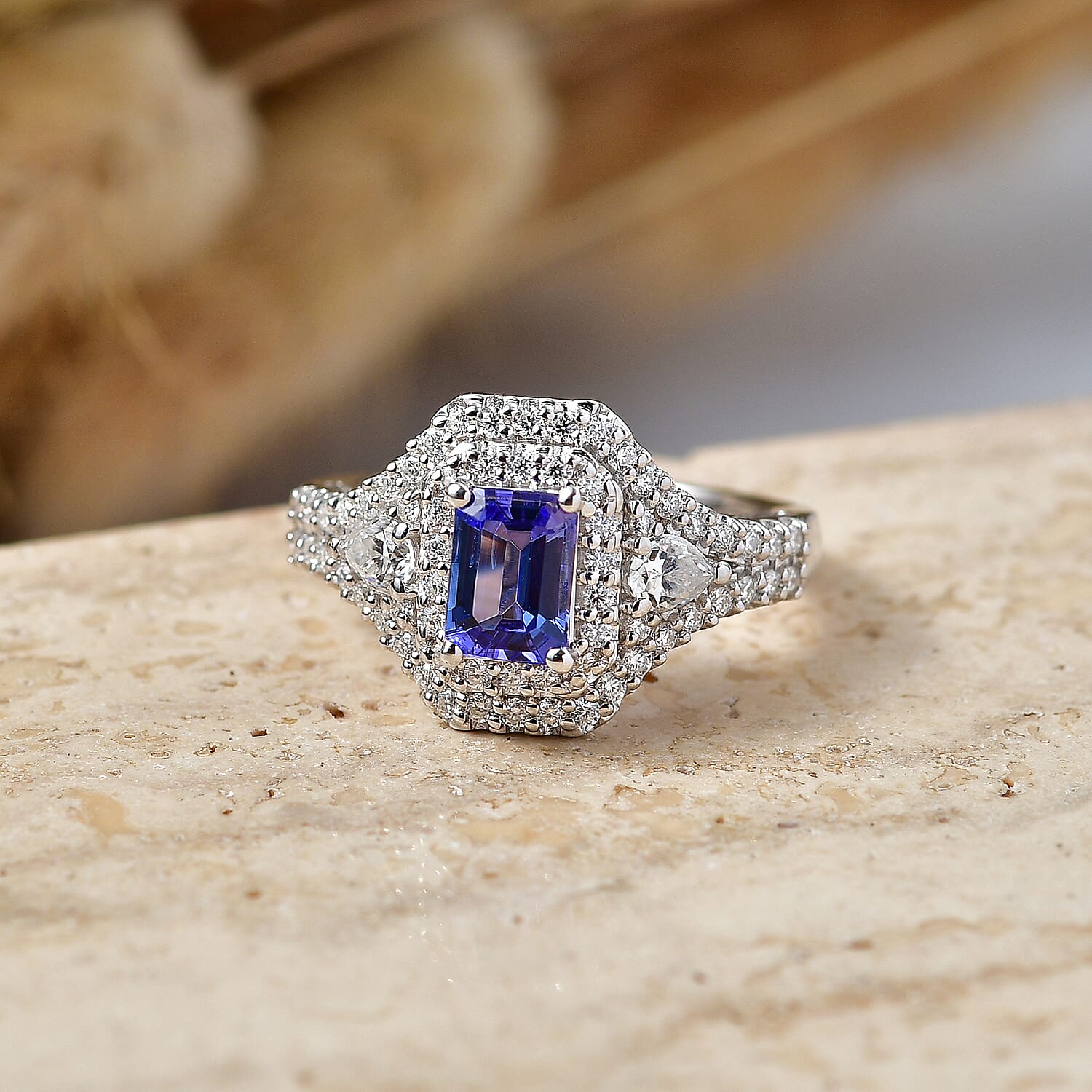 Certified & Appraised D'Joy Premium Tanzanite and Moissanite 2.00 ctw Ring in Rhodium Over Sterling Silver (Size 6.0)