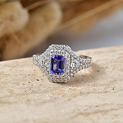 Certified & Appraised D'Joy Premium Tanzanite and Moissanite 2.00 ctw Ring in Rhodium Over Sterling Silver (Size 6.0)