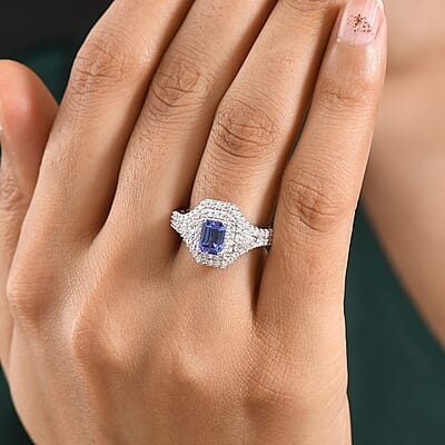 Certified & Appraised D'Joy Premium Tanzanite and Moissanite 2.00 ctw Ring in Rhodium Over Sterling Silver (Size 6.0)