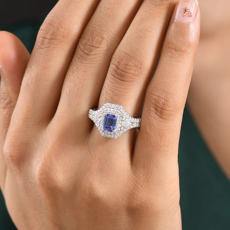 Certified & Appraised D'Joy Premium Tanzanite and Moissanite 2.00 ctw Ring in Rhodium Over Sterling Silver (Size 6.0)