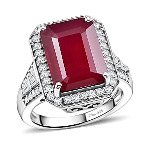 D'Joy Premium Niassa Ruby (FF) and Moissanite 12.20 ctw Royal Frame Ring in Rhodium Over Sterling Silver (Size 10.0)