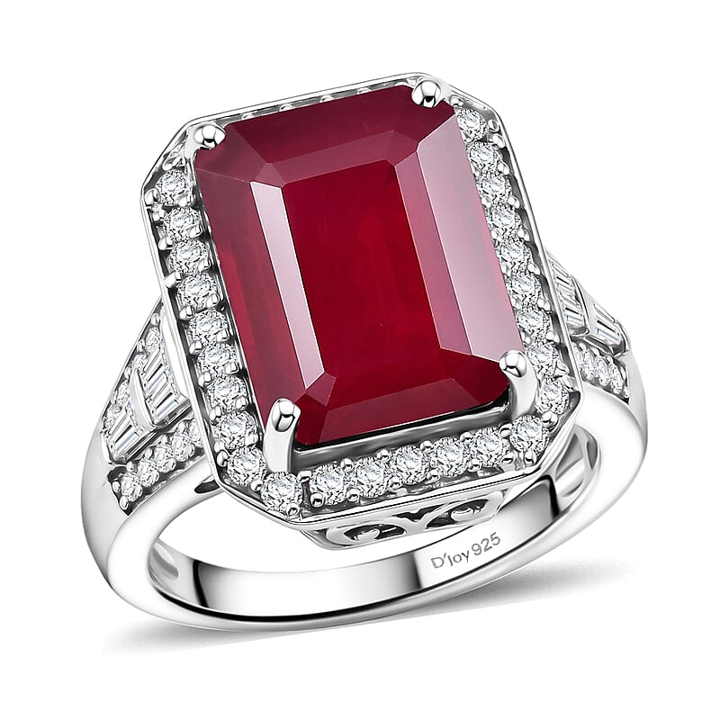D'Joy Premium Niassa Ruby (FF) and Moissanite 12.20 ctw Royal Frame Ring in Rhodium Over Sterling Silver (Size 6.0)