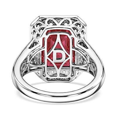 D'Joy Premium Niassa Ruby (FF) and Moissanite 12.20 ctw Royal Frame Ring in Rhodium Over Sterling Silver (Size 6.0)
