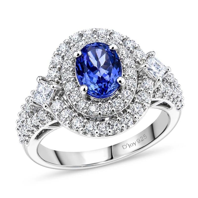 Certified & Appraised D'Joy Premium Tanzanite and Moissanite 2.85 ctw Ring in Rhodium Over Sterling Silver (Size 10.0)