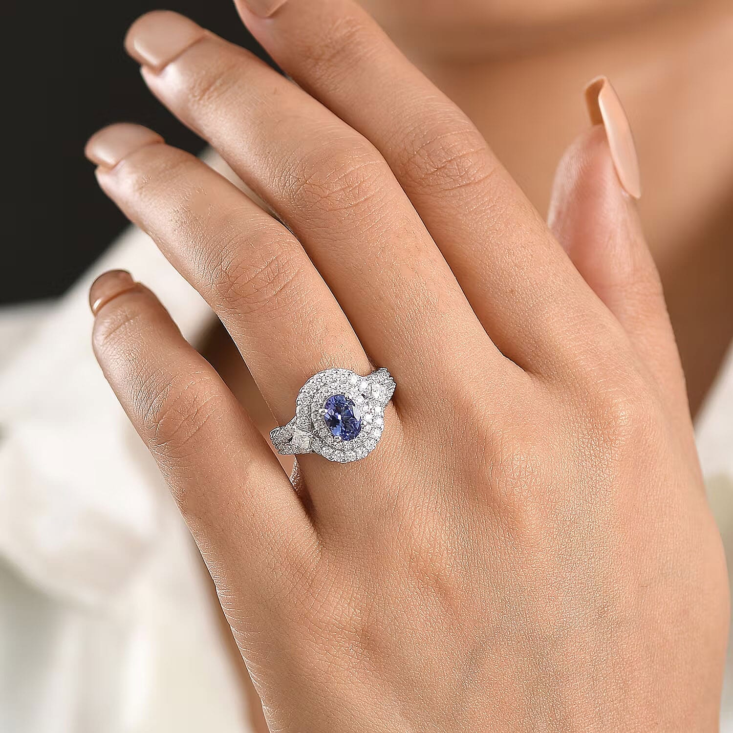 Certified & Appraised D'Joy Premium Tanzanite and Moissanite 2.85 ctw Ring in Rhodium Over Sterling Silver (Size 10.0)