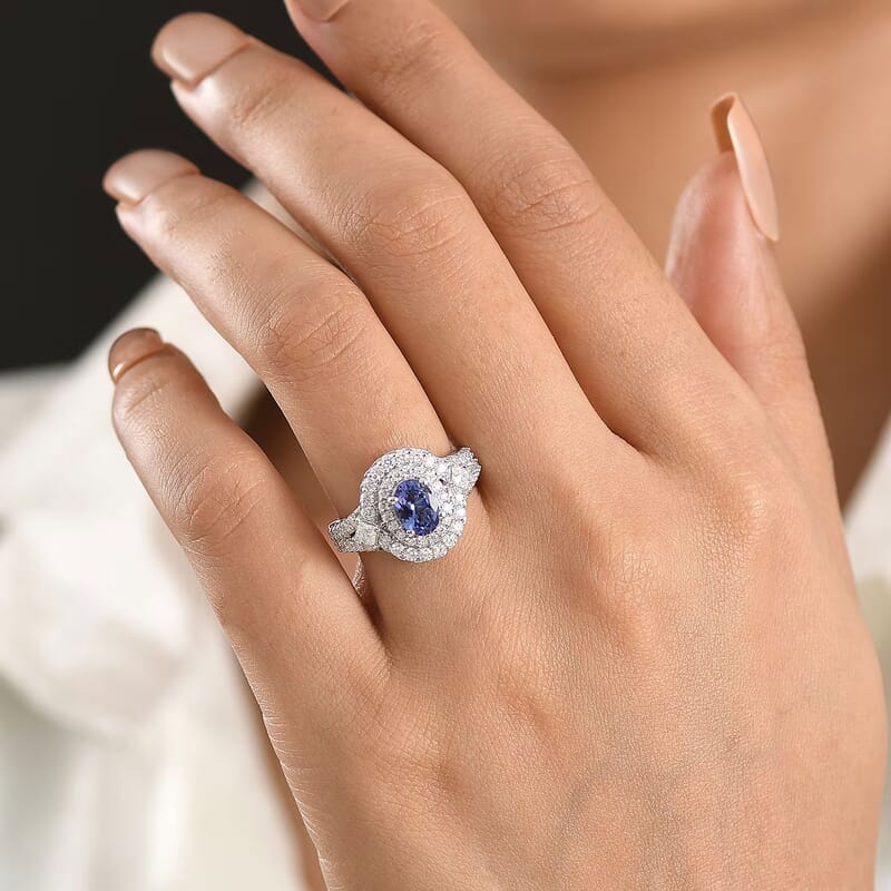 Certified & Appraised D'Joy Premium Tanzanite and Moissanite 2.85 ctw Ring in Rhodium Over Sterling Silver (Size 10.0)