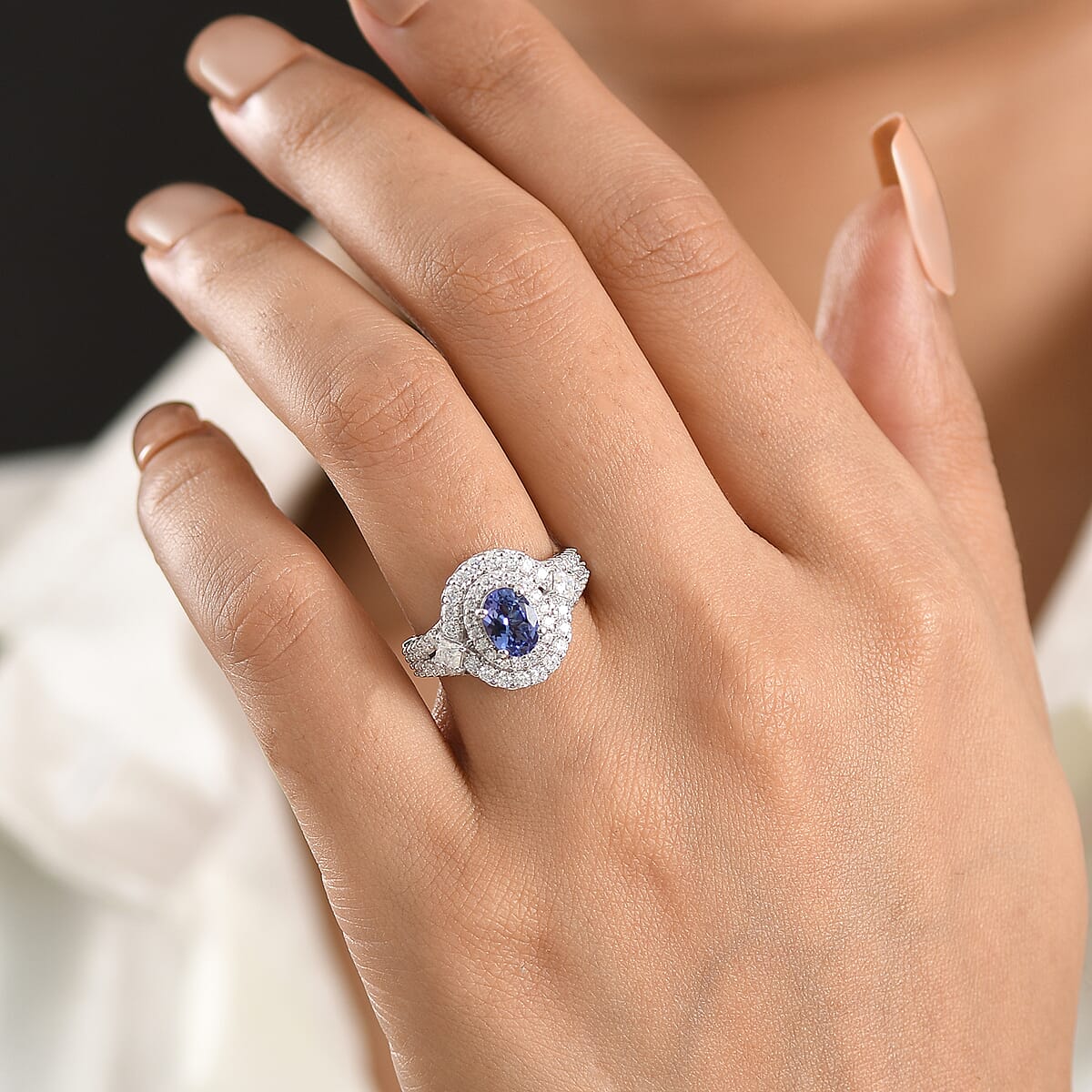 Certified & Appraised D'Joy Premium Tanzanite, Moissanite Ring in Rhodium Over Sterling Silver (Size 10.0) 2.85 ctw image number 2