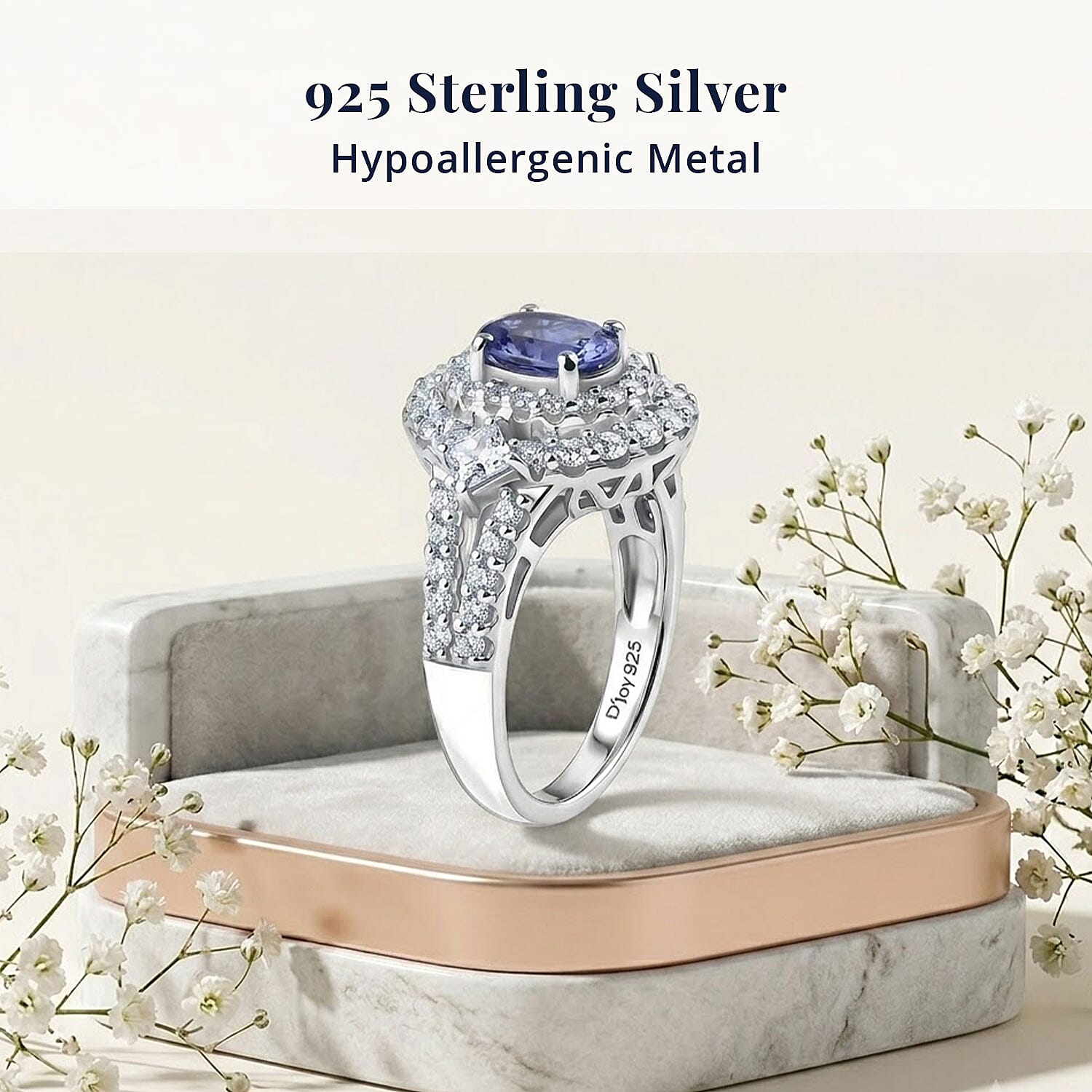 Certified & Appraised D'Joy Premium Tanzanite and Moissanite 2.85 ctw Ring in Rhodium Over Sterling Silver (Size 10.0)