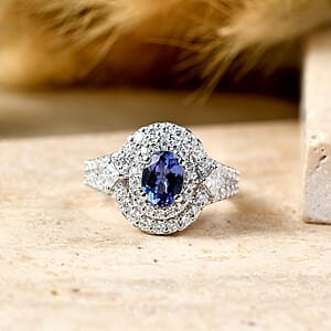 Certified & Appraised D'Joy Premium Tanzanite and Moissanite 2.85 ctw Ring in Rhodium Over Sterling Silver (Size 7.0)
