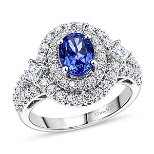 Certified & Appraised D'Joy Premium Tanzanite and Moissanite 2.85 ctw Ring in Rhodium Over Sterling Silver (Size 8.0)