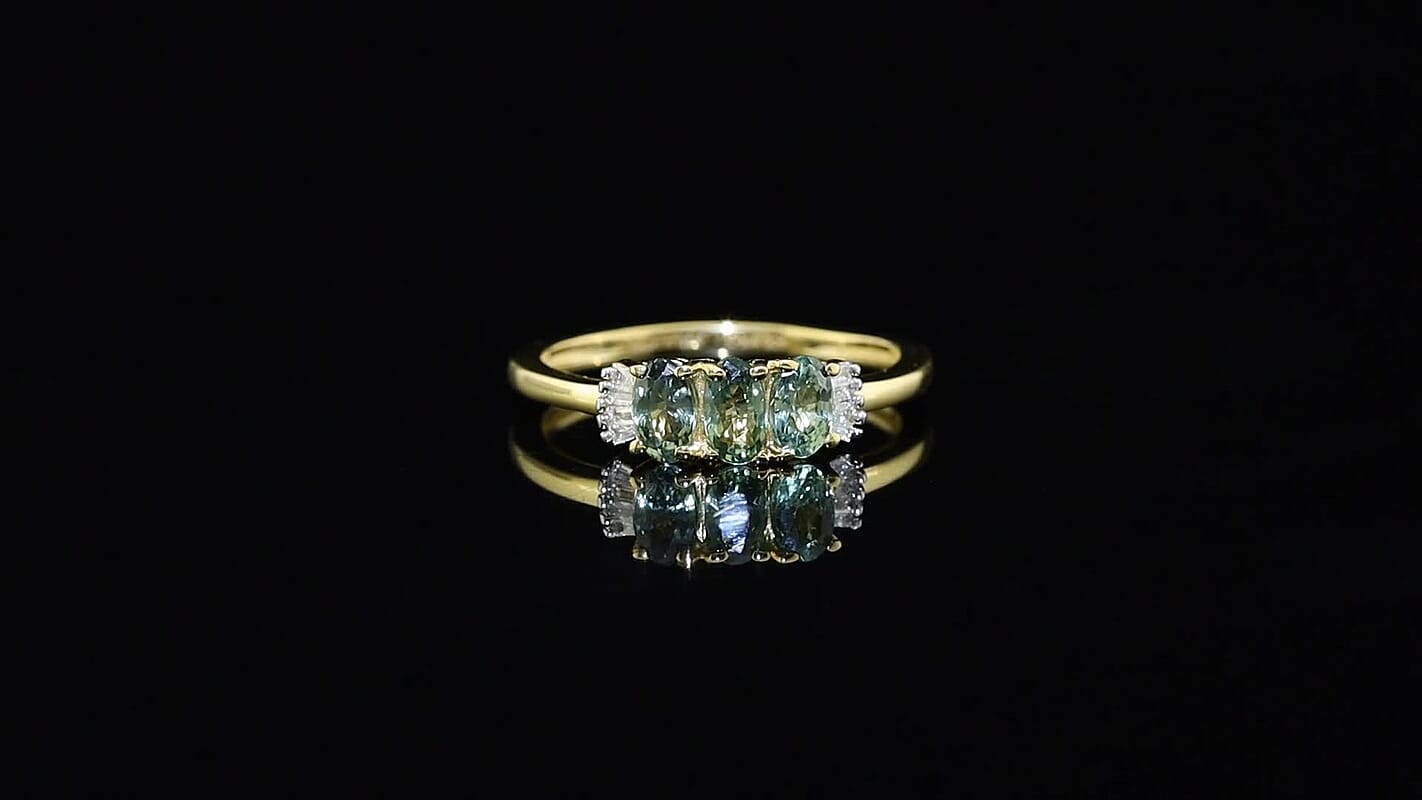 D'Joy Premium Malawi Green Sapphire, Diamond Trinity Majesty Ring in 18K Vermeil YG Over Sterling Silver (Size 10.0) 1.00 ctw