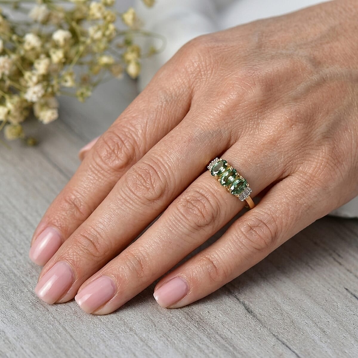 D'Joy Premium Malawi Green Sapphire and Diamond 1.00 ctw Trinity Majesty Ring in 18K Vermeil Yellow Gold Over Sterling Silver (Size 5.0) image number 1