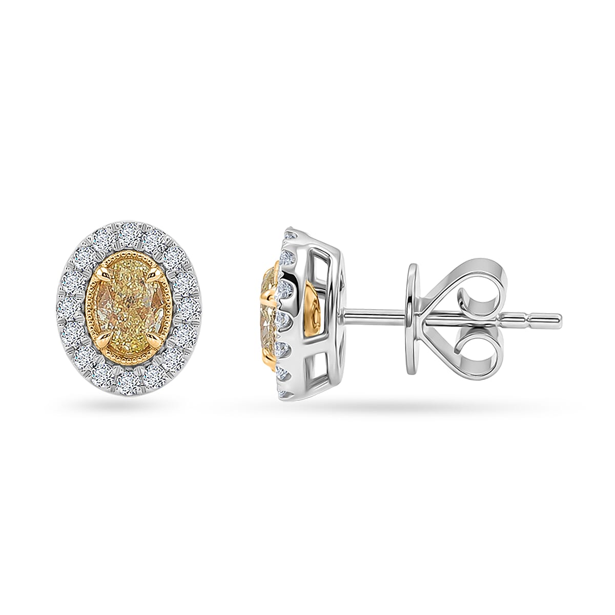 Modani Natural Yellow and White Diamond (VS2) 0.88 ctw Earrings in 950 Platinum and 18K Yellow Gold