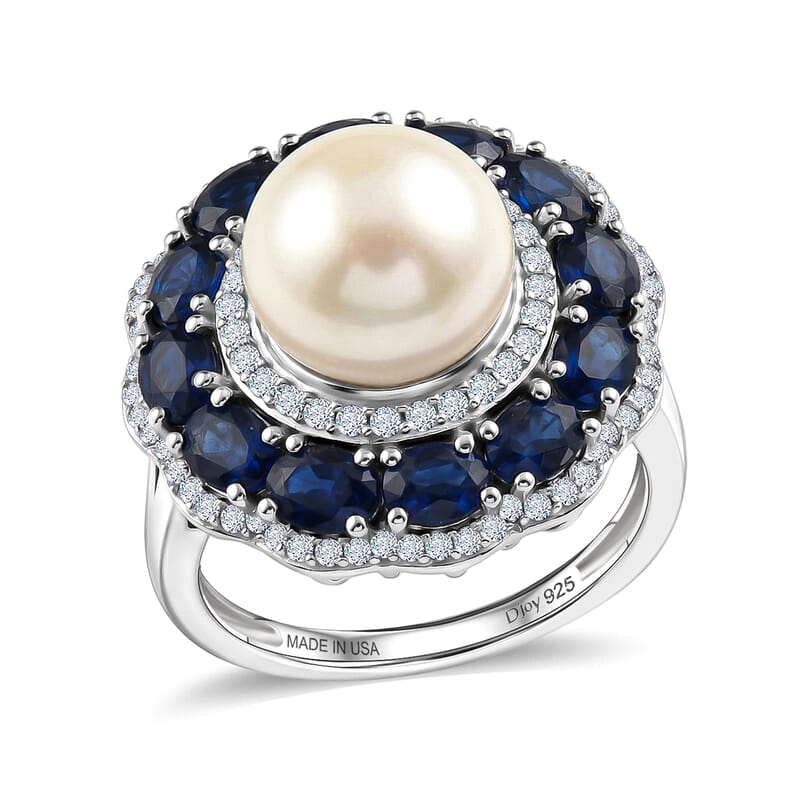 D'Joy Freshwater Pearl, Kanchanaburi Blue Sapphire (DF) and Moissanite 3.30 ctw Starlit Pearl Halo Ring in Rhodium Over Sterling Silver (Size 6.0)