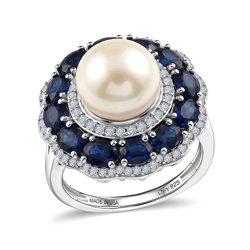 D'Joy Freshwater Pearl, Kanchanaburi Blue Sapphire (DF) and Moissanite 3.30 ctw Starlit Pearl Halo Ring in Rhodium Over Sterling Silver (Size 6.0)