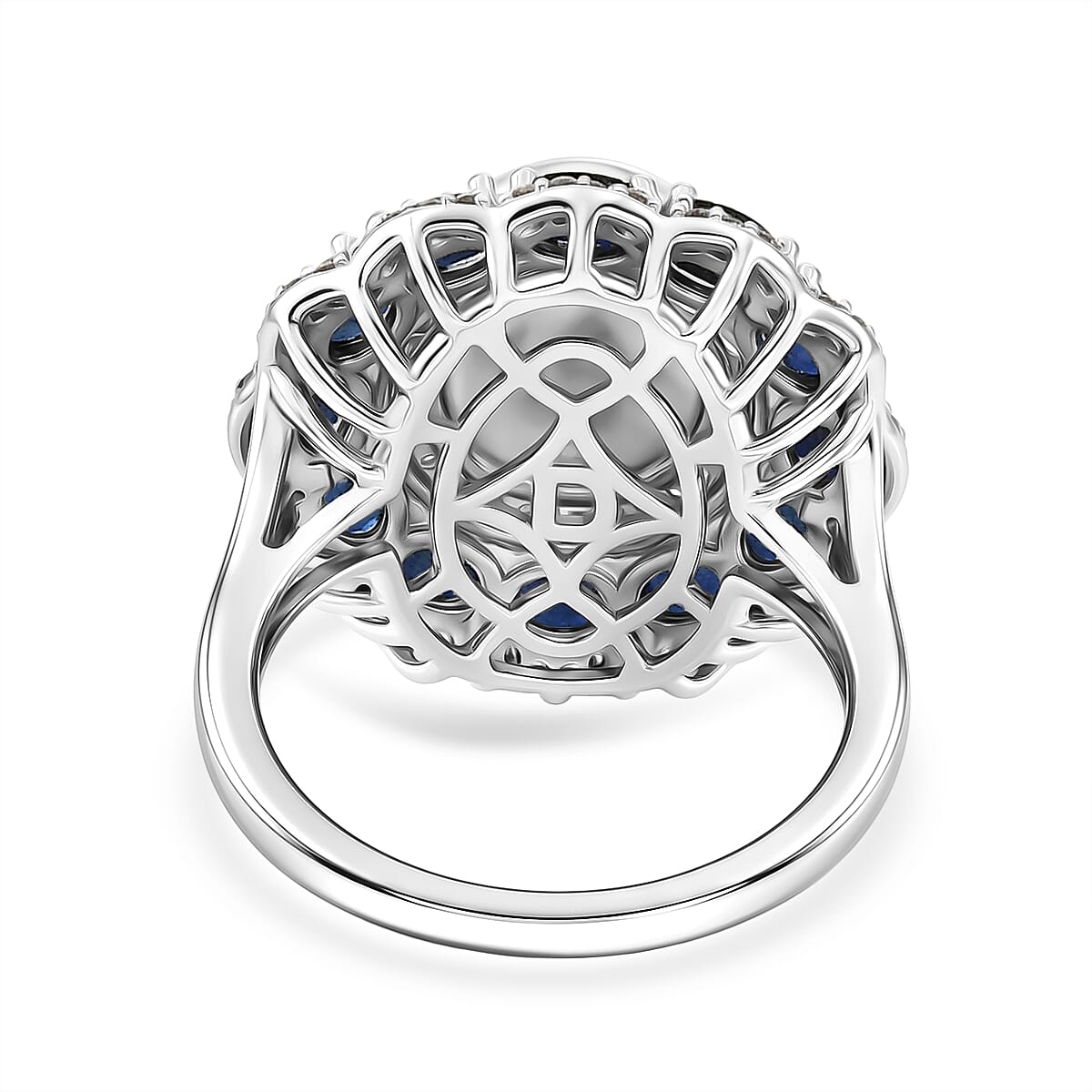 D'Joy Freshwater Pearl, Kanchanaburi Blue Sapphire (DF) and Moissanite 3.30 ctw Starlit Pearl Halo Ring in Rhodium Over Sterling Silver (Size 6.0)