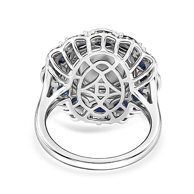 D'Joy Freshwater Pearl, Kanchanaburi Blue Sapphire (DF) and Moissanite 3.30 ctw Starlit Pearl Halo Ring in Rhodium Over Sterling Silver (Size 6.0)