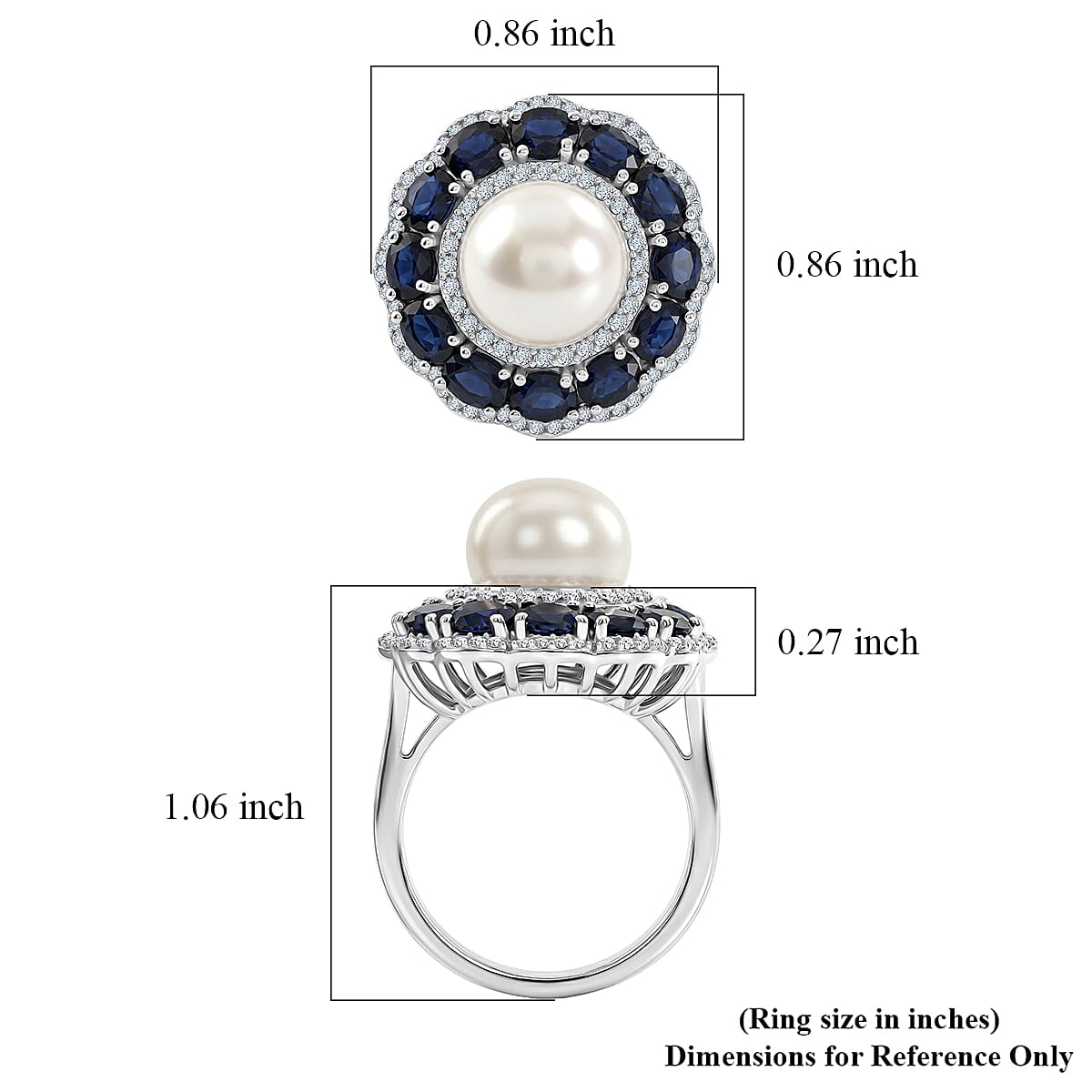 D'Joy Freshwater Pearl, Kanchanaburi Blue Sapphire (DF) and Moissanite 3.30 ctw Starlit Pearl Halo Ring in Rhodium Over Sterling Silver (Size 6.0)