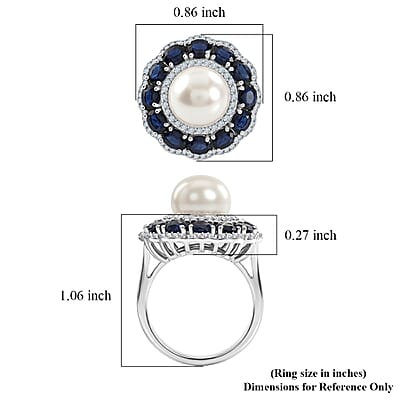 D'Joy Freshwater Pearl, Kanchanaburi Blue Sapphire (DF) and Moissanite 3.30 ctw Starlit Pearl Halo Ring in Rhodium Over Sterling Silver (Size 6.0)