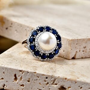 D'Joy Freshwater Pearl, Kanchanaburi Blue Sapphire (DF) and Moissanite 3.30 ctw Starlit Pearl Halo Ring in Rhodium Over Sterling Silver (Size 7.0)