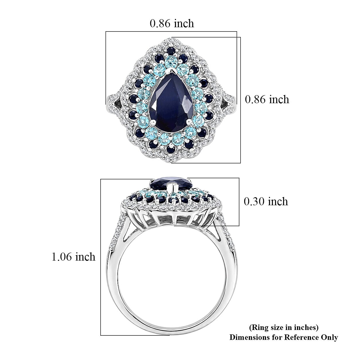 D'Joy Premium Kanchanaburi Blue Sapphire (DF) and Multi Gemstone 3.40 ctw Moonlit Pear Halo Ring in Rhodium Over Sterling Silver (Size 10.0) image number 5