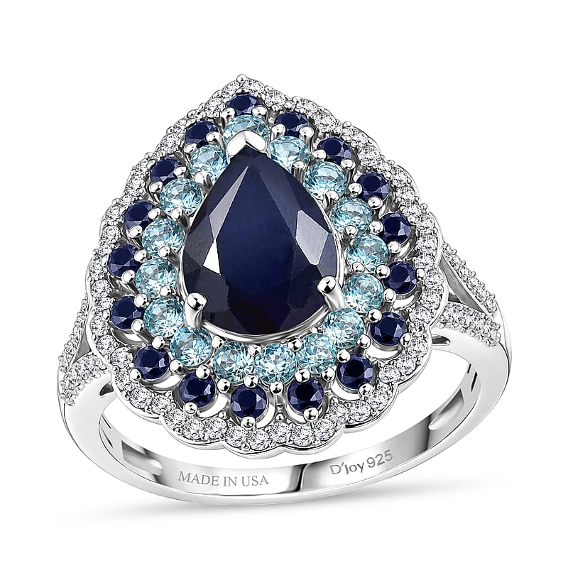 D'Joy Premium Kanchanaburi Blue Sapphire (DF) and Multi Gemstone 3.40 ctw Moonlit Pear Halo Ring in Rhodium Over Sterling Silver (Size 6.0)