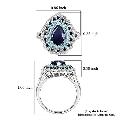 D'Joy Premium Kanchanaburi Blue Sapphire (DF) and Multi Gemstone 3.40 ctw Moonlit Pear Halo Ring in Rhodium Over Sterling Silver (Size 6.0)