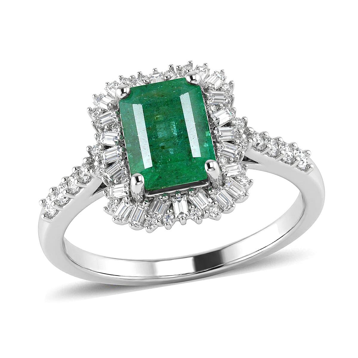 D'Joy Premium Kagem Zambian Emerald and Moissanite 2.40 ctw Royal Burst Ring in Rhodium Over Sterling Silver (Size 10.0)